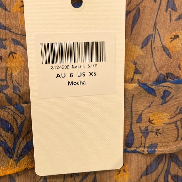 Sheer dress with ruffles. Yellow/mocha with blue/yellow flowers. Fully Lined. - Picture 4 of 5